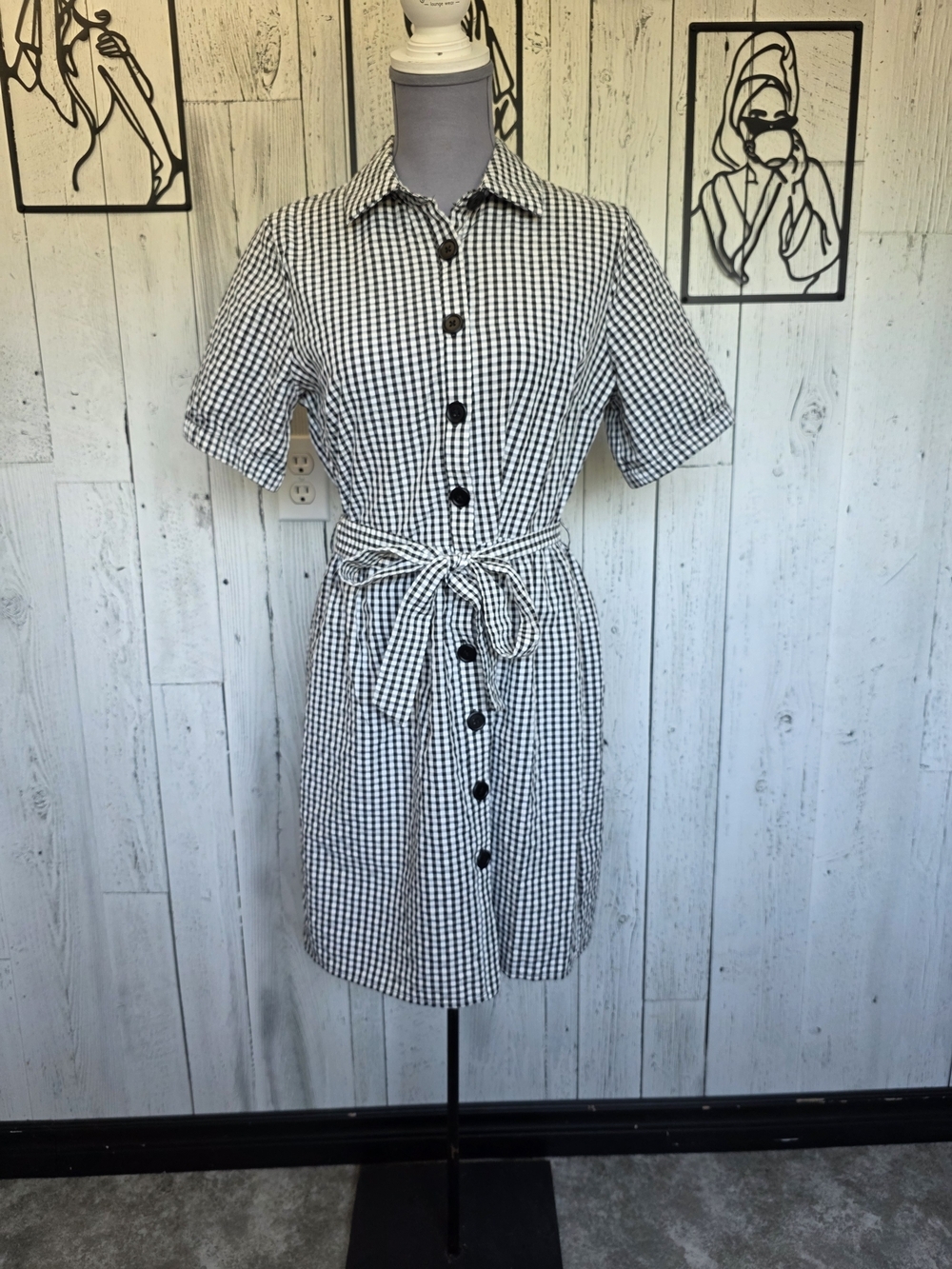 Dex Black White Gingham Button Front Shirt Dress Size M Pockets Belted